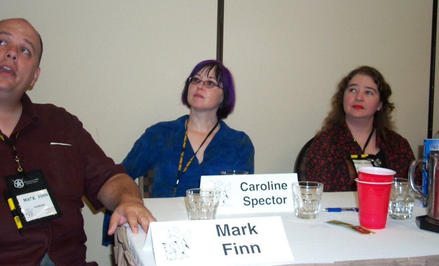 Mark Finn, Caroline Spector and Gloria Oliver at the worldbuilding panel at ArmadilloCon 2004