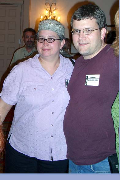 Kim Kofmel and "Micheal from Fencon" (so his badge says) at the ArmadilloCon 2005 in Austin, Texas