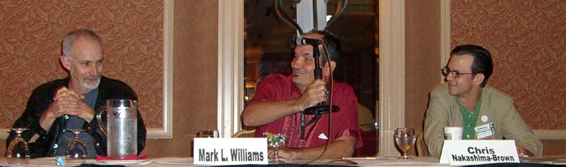 Sean McMullen, Mark L. Williams and Chris Brown at the "When and How Will the 21st Century Get More Interesting?" panel at the ArmadilloCon 2005, Austin, TX, 2005