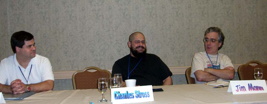 Left to right: Lawrence Person, Charles Stross and Jim Mann at the British science fiction panel at ArmadilloCon 2005, Austin, Texas 2005