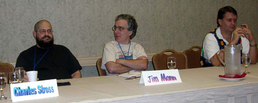 CIMG0179 Left to right: Charles Stross, Jim Mann and  Jayme Lynn Blaschke at the Current Trends in British science fiction panel at ArmadilloCon 2005