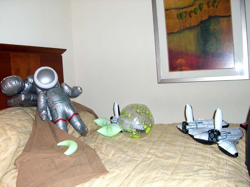 Inflatable spaceships and astronauts at a room party at the ArmadilloCon 2005, Austin, TX 2005