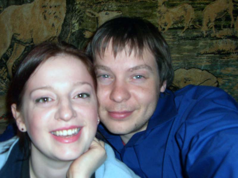 My sister M and her then-boyfriend-now-husband P at the Chili Kaimas / "Chili Village" restaurant in Vilnius, August 2005