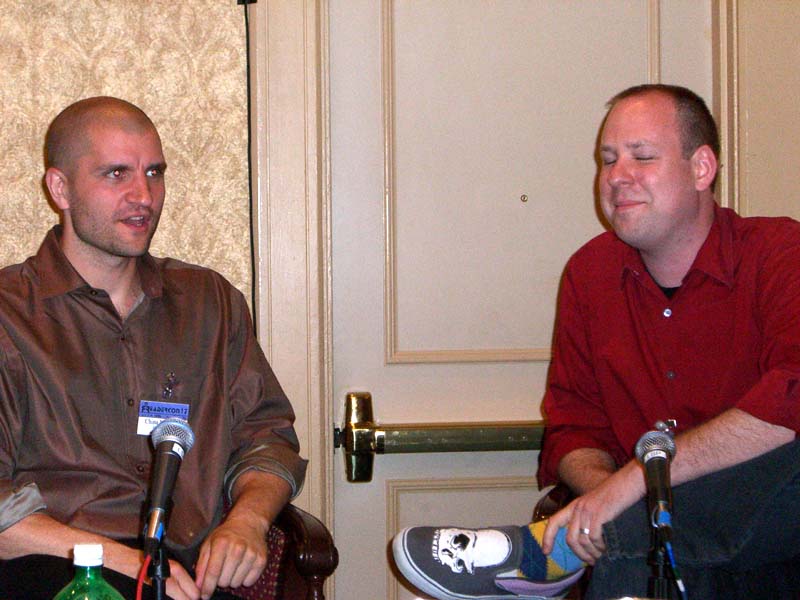 China Mieville (left) being interviewed by Adam Golaski at Readercon 2006