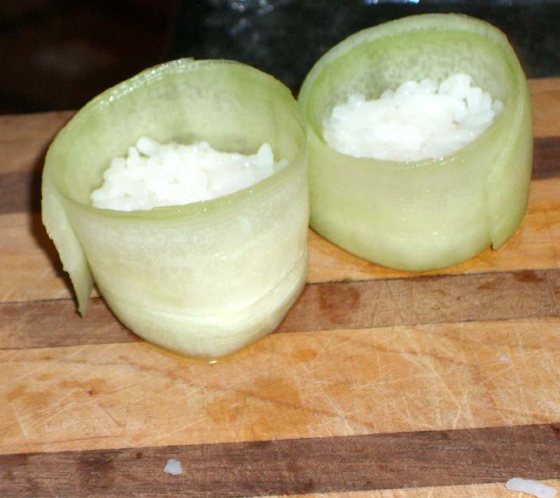Cucumber sushi wrapper filled with rice