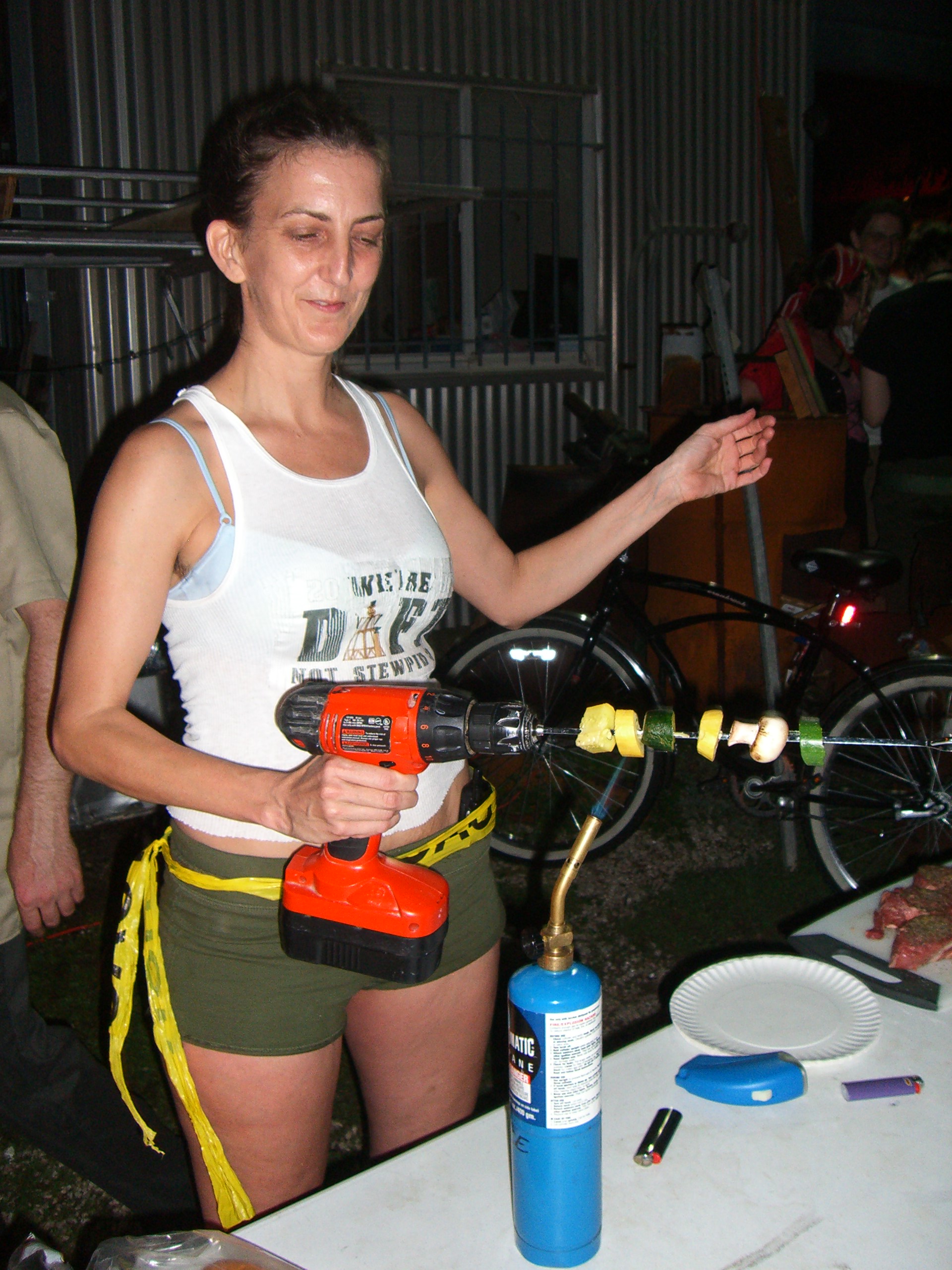 Kebabs roasting on a power drill, May 2007
