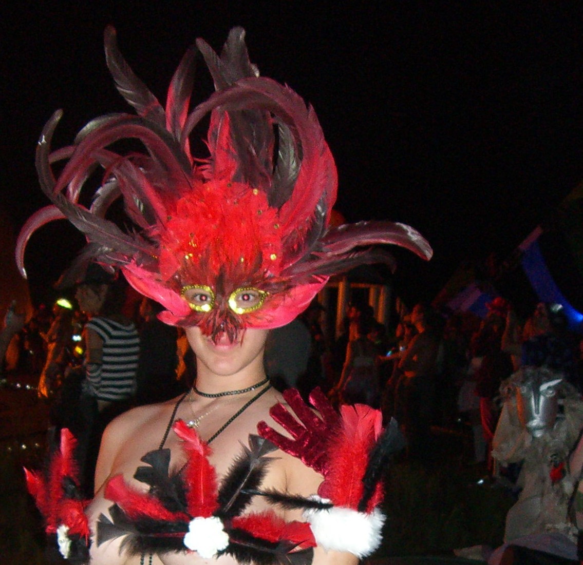 A person in a headdress and mask of red feathers