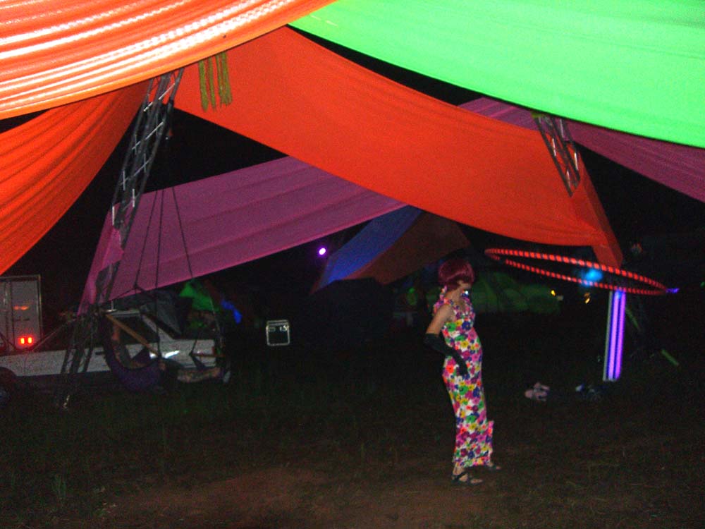 A structure with colorful hanging fabrics at Burning Flipside 2007