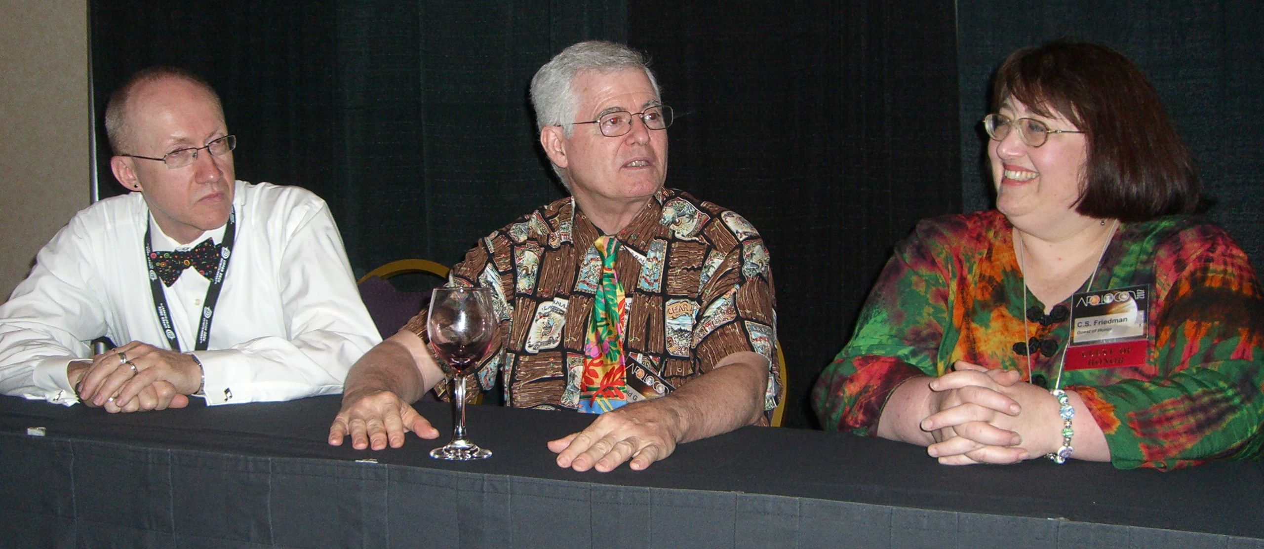 ApolloCon 2007 opening ceremony: organizer Mark Hall, editor Guest of Honor David Hartwell, and writer Guest of Honor C. S. Friedman