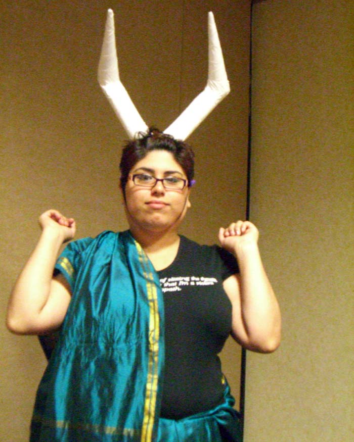 Val with horns made of duct tape