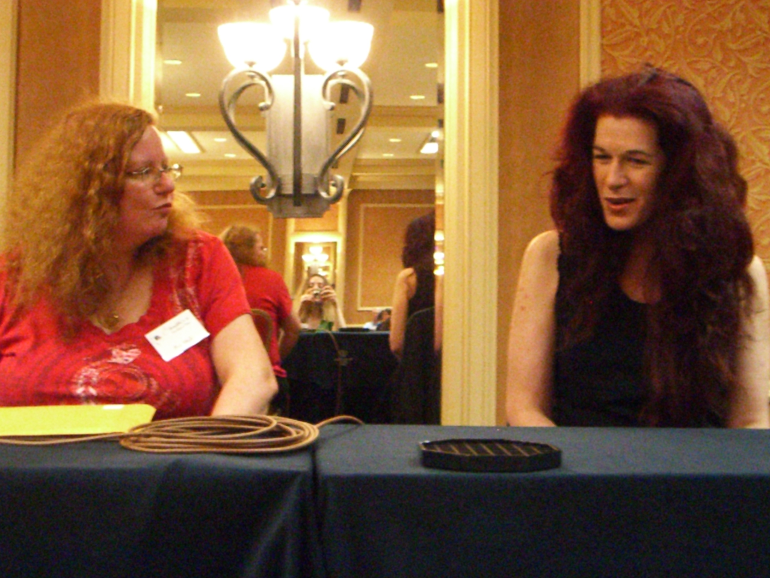 Fan guest Patty Wells (left) and editor Sharyn November at the ArmadilloCon 2007 opening ceremony