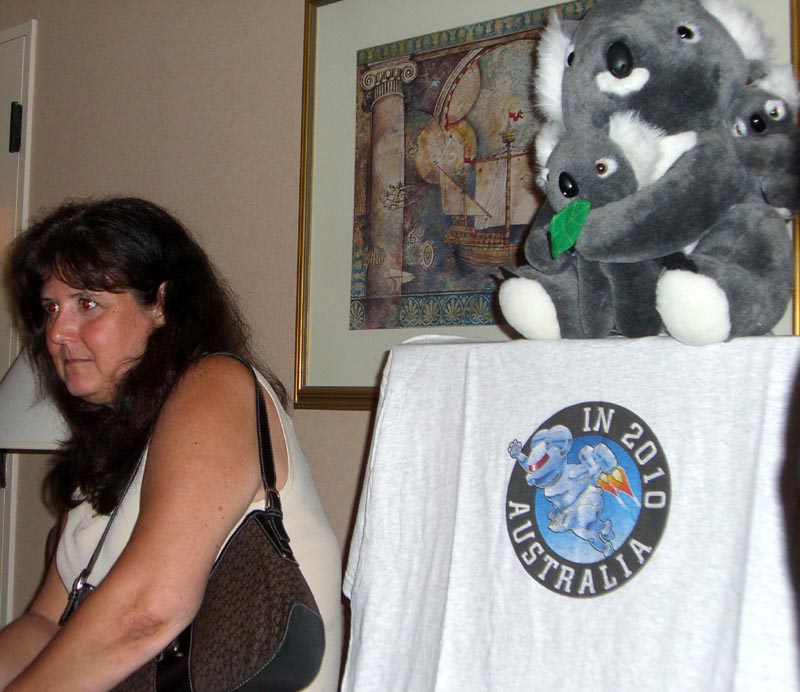 Debbie Lynn Smith and a koala family at the Australian 2010 WorldCon bid party at ArmadilloCon 2007.