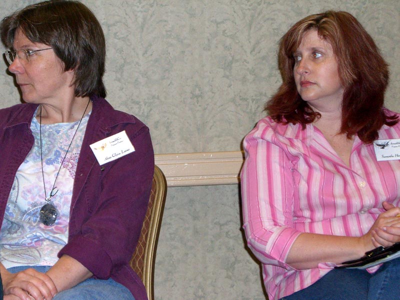 Panelists Alexis Glynn Latner (left) and Samantha Henderson at the worldbuilding panel at ArmadilloCon 2007