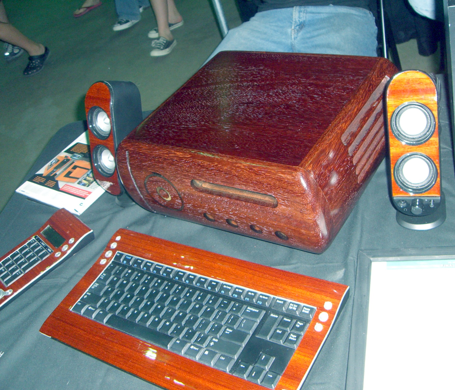 Wooden computer case, speakers and keyboard