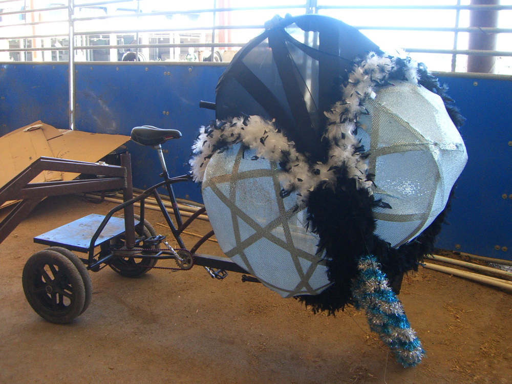 Tricycle with feather garlands and tinsel-wrapped wheel