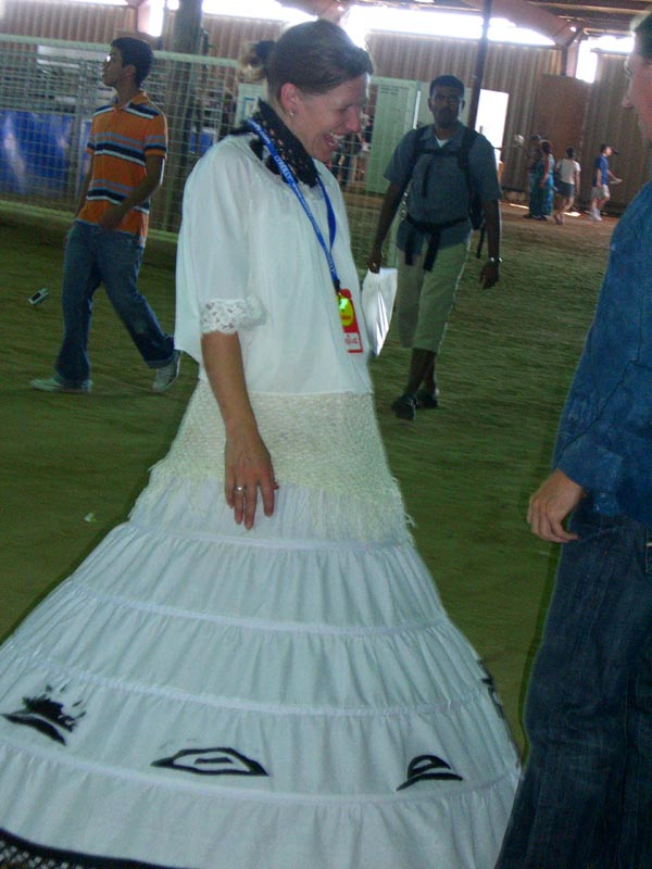 A white dress with a hoop at the bottom at the Maker Faire 2007
