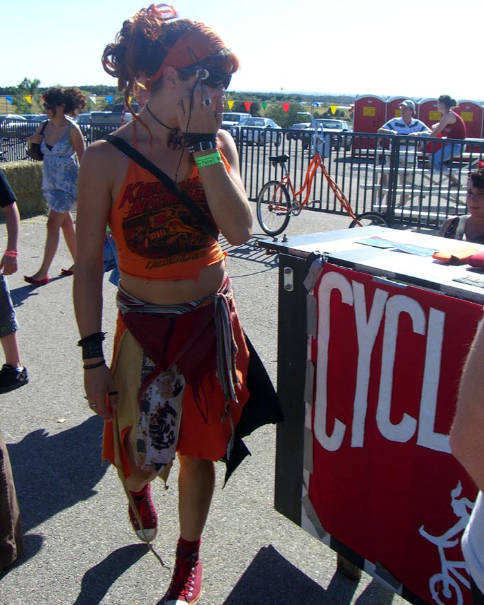 An outfit made of wedges of many different fabrics, seen at the Maker Faire 2007