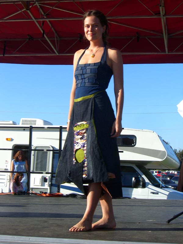 A dress made of wedges of fabric, with a brick pattern top, all made of recycled clothing at Maker Faire 2007