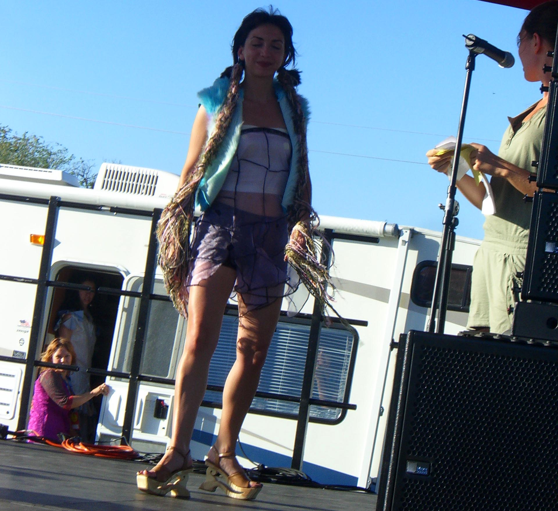 An outfit consisting of a top and layered shorts made of recycled fabrics, shown at the Swap-o-Rama-Rama fashion show at the Maker Faire 2007