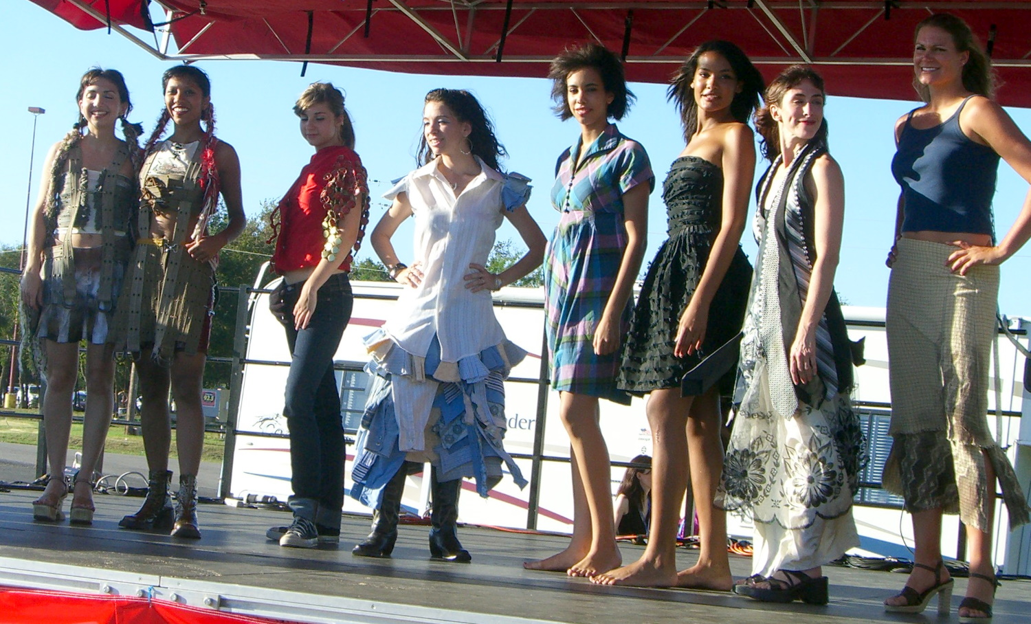 Outfits made of recycled materials at the Maker Faire 2007 -- most of the Swap-o-Rama-Rama fashion show participants on the stage
