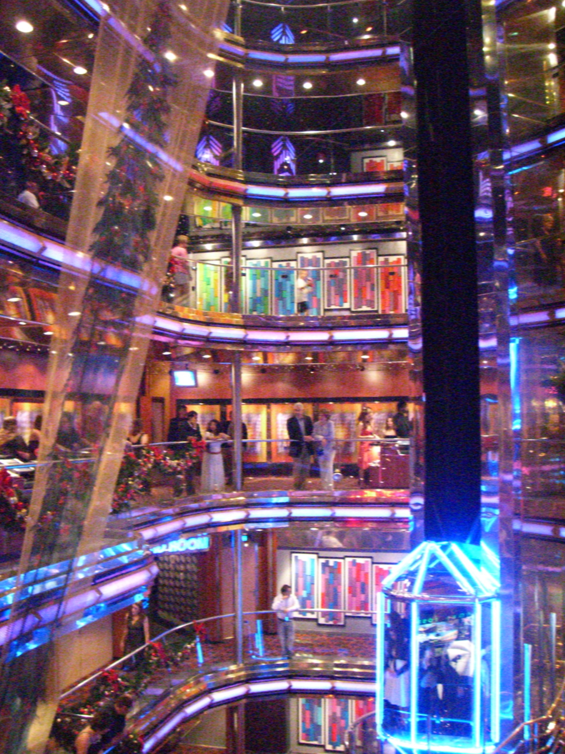 The atrium and elevators of Carnival Ecstasy, our cruise ship, November 2007