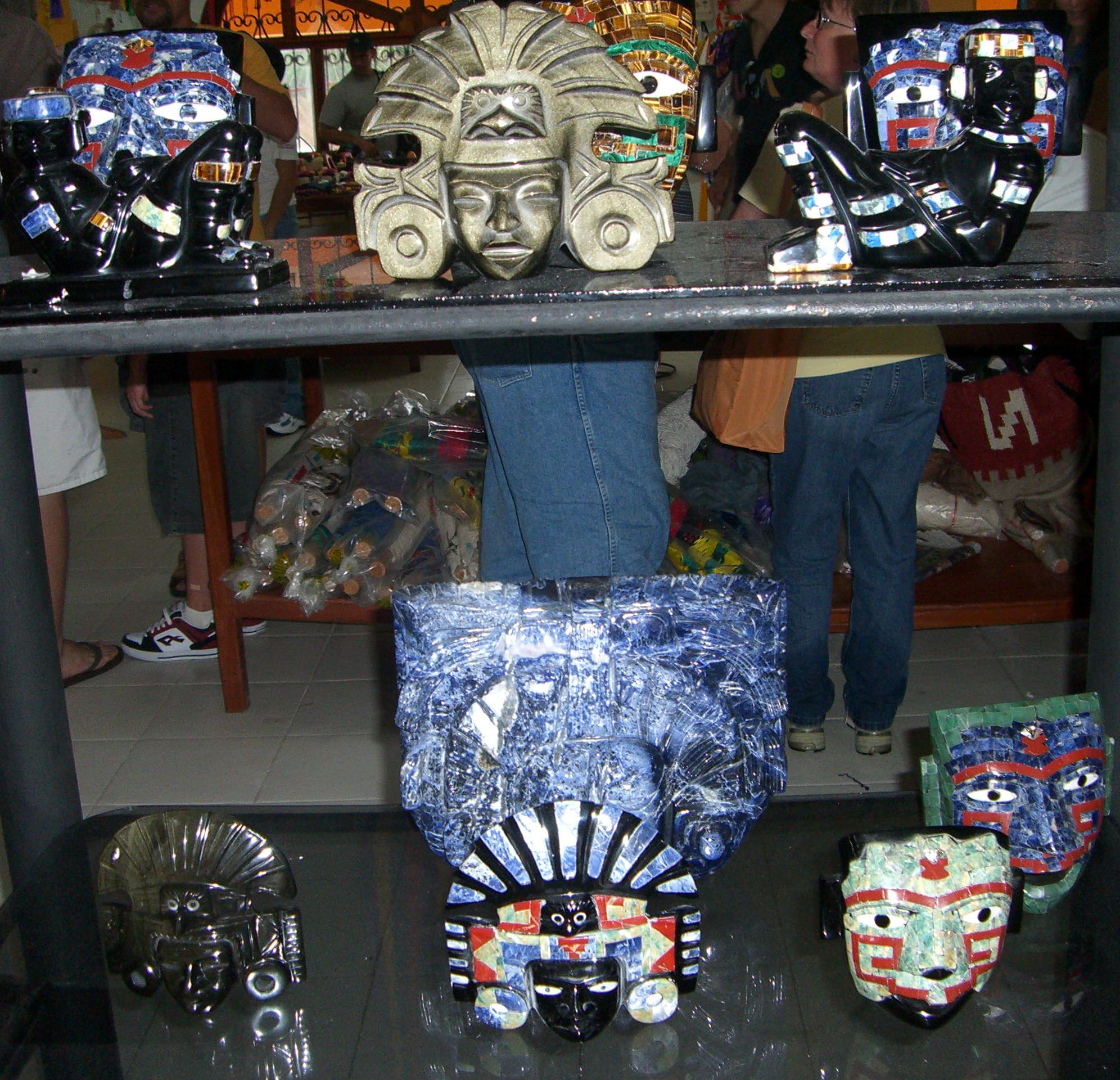 Replicas of Mayan artifacts made and sold in a souvenir shop in Mexico on the way to the ruins of Tulum.