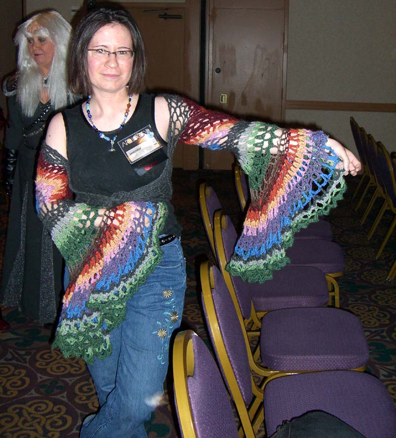 Jennifer with crocheted sleeves