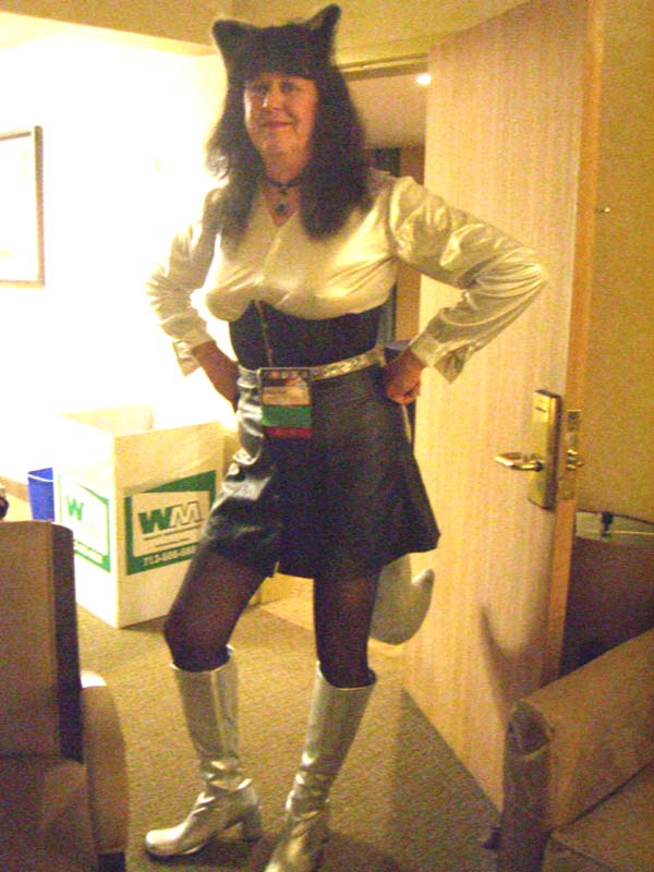 A black-and-white costume with horns or cat ears at ApolloCon 2007