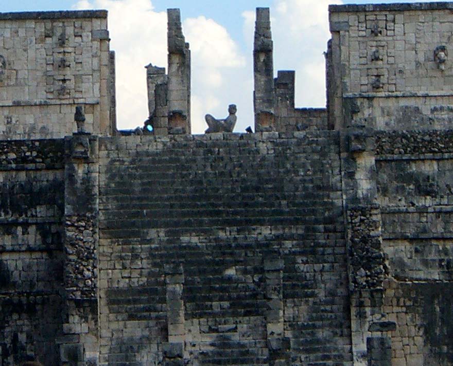 A reclining figure at the top of the Temple of the Warriors