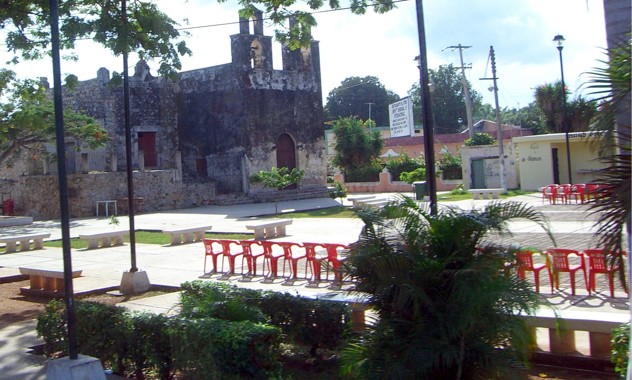 A church in Mexico, seen out of a bus window