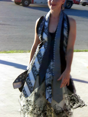 A dress made of ties and other recycled fabrics