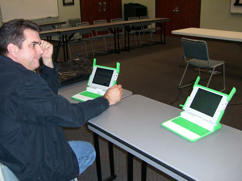 "Mr Emily" at the Austin Linux Group XO networking event in January 2008. This wasn't his real name, of course, but his XO laptop was named Emily.